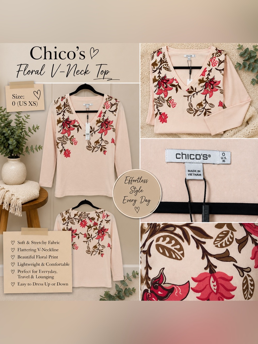 NWT Chico’s Blush Pink Floral V-Neck Long Sleeve Top Size 0 (Small)